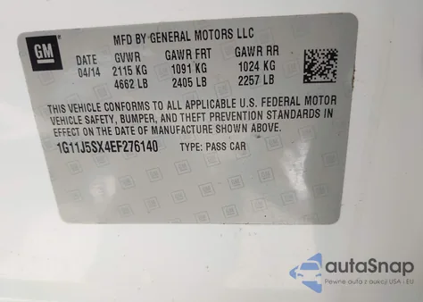 2014 Chevrolet Malibu 2Lz из США, поврежденный, VIN 1G11J5SX4EF276140